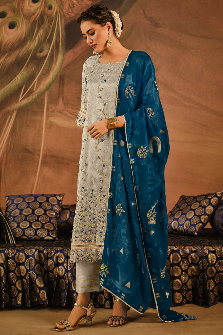 Beige Tissue Jacquard With Embroidered Designer Dress