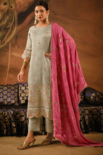 Load image into Gallery viewer, Tissue Jacquard With Embroidered Designer Salwar Kameez In Beige Color
