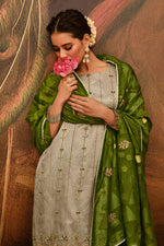 Load image into Gallery viewer, Tissue Jacquard Beige Embroidered Designer Salwar Suit

