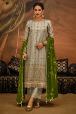 Load image into Gallery viewer, Tissue Jacquard Beige Embroidered Designer Salwar Suit
