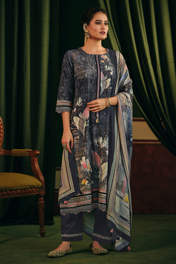 Digital Print Casual Dress In Navy Blue Color