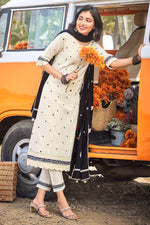 Load image into Gallery viewer, Off White Pure Cotton Khadi Block Print With Embroidery Work Long Salwar Kameez
