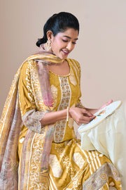 Mustard Pure Moga Silk Embroidery And Batik Print Designer Salwar Kameez