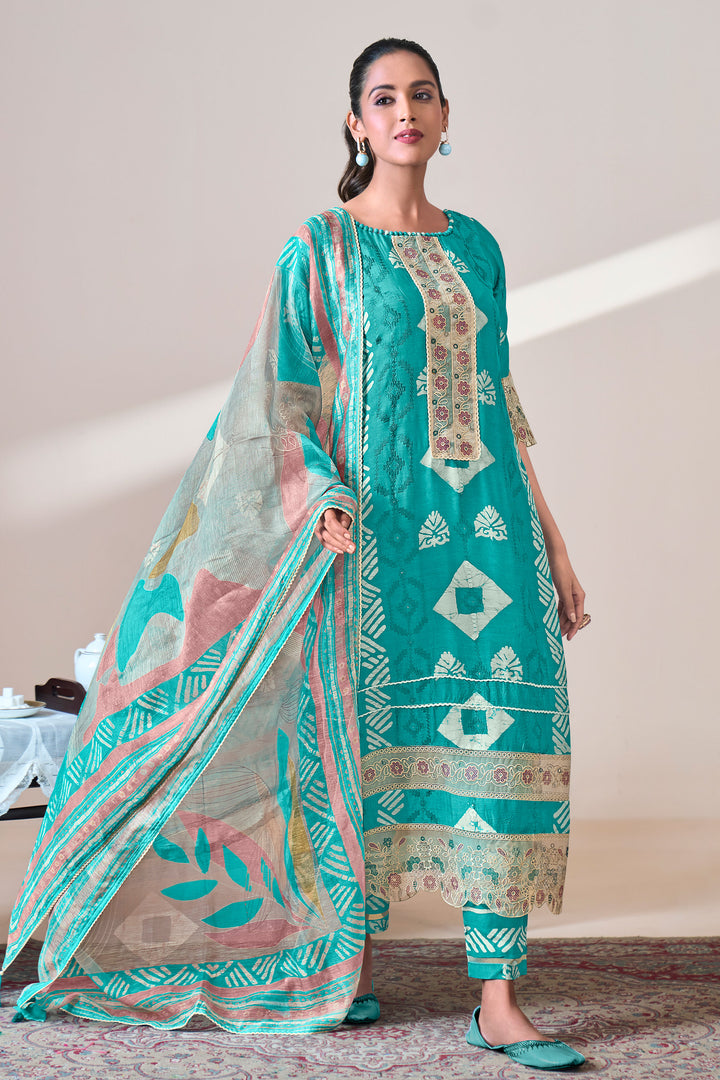 Cyan Color Pure Moga Silk Embroidery And Batik Print Designer Salwar Suit