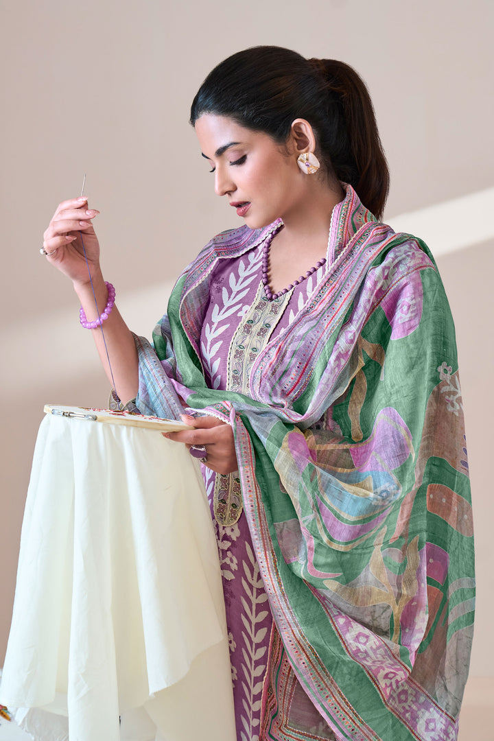 Purple Pure Moga Silk Embroidery And Batik Print Designer Suit