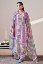 Load image into Gallery viewer, Purple Pure Moga Silk Embroidery And Batik Print Designer Suit
