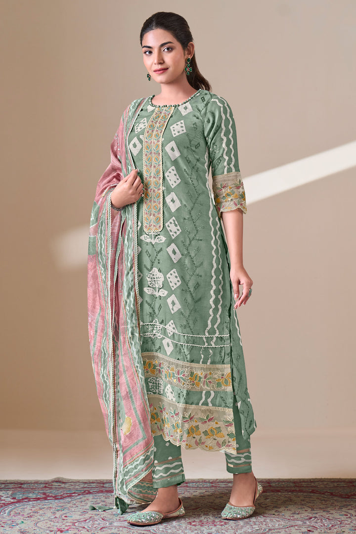 Sea Green Color Pure Moga Silk Embroidery And Batik Print Designer Dress