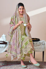 Load image into Gallery viewer, Pure Moga Silk Embroidery And Batik Print Designer Salwar Suit In Green Color
