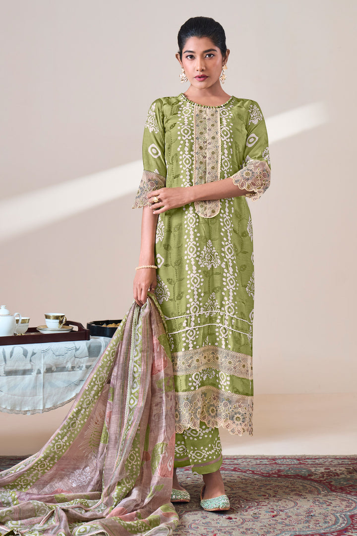 Pure Moga Silk Embroidery And Batik Print Designer Salwar Suit In Green Color