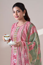 Load image into Gallery viewer, Pure Moga Silk Embroidery And Batik Print Designer Suit In Pink Color
