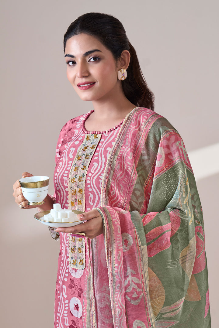 Pure Moga Silk Embroidery And Batik Print Designer Suit In Pink Color