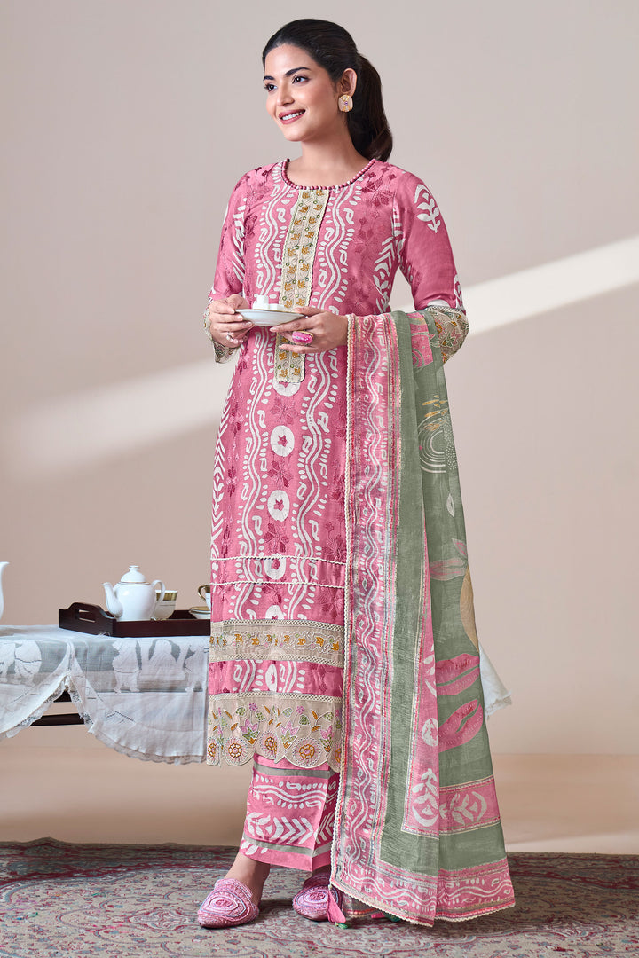 Pure Moga Silk Embroidery And Batik Print Designer Suit In Pink Color