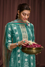 Load image into Gallery viewer, Turquoise Blue Pure Moga Silk Embroidery And Batik Print Long Suit
