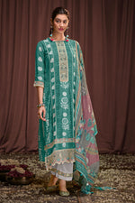 Load image into Gallery viewer, Turquoise Blue Pure Moga Silk Embroidery And Batik Print Long Suit
