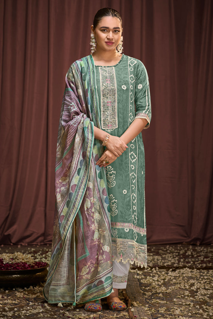 Pure Moga Silk Embroidery And Batik Print Long Salwar Kameez In Sea Green Color