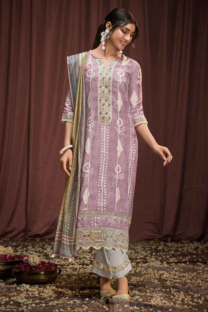 Pure Moga Silk Embroidery And Batik Print Long Salwar Suit