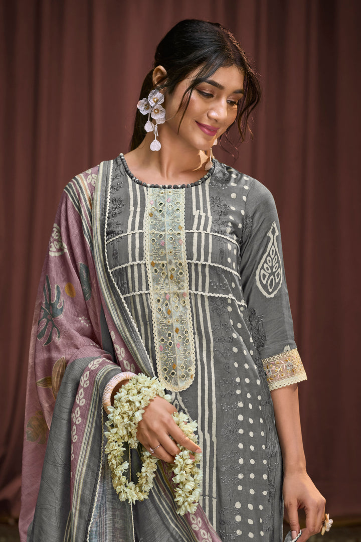 Pure Moga Silk Embroidery And Batik Print Long Suit Grey Color