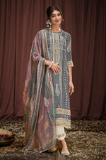 Load image into Gallery viewer, Pure Moga Silk Embroidery And Batik Print Long Suit Grey Color
