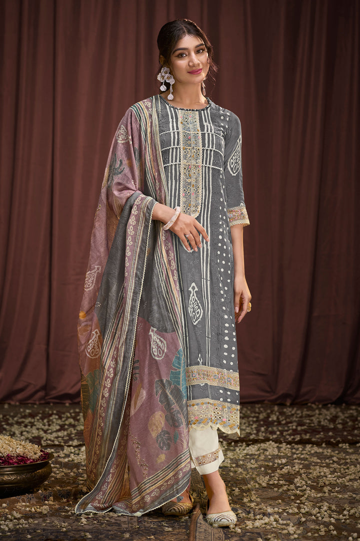 Pure Moga Silk Embroidery And Batik Print Long Suit Grey Color