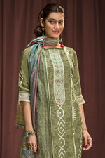 Load image into Gallery viewer, Pure Moga Silk Embroidery And Batik Print Long Dress In Green Color
