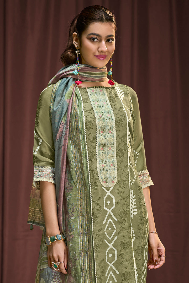 Pure Moga Silk Embroidery And Batik Print Long Dress In Green Color