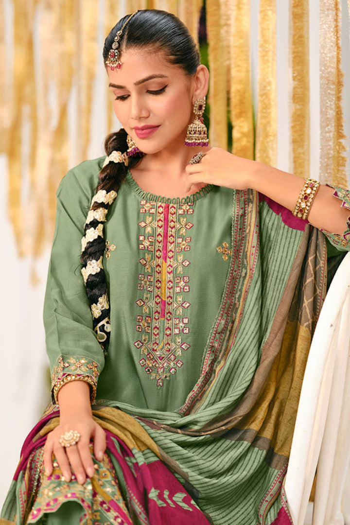 Premium Bemberg Muslin Checks Silk Embroidered Salwar Kameez With Digital Print Dupatta