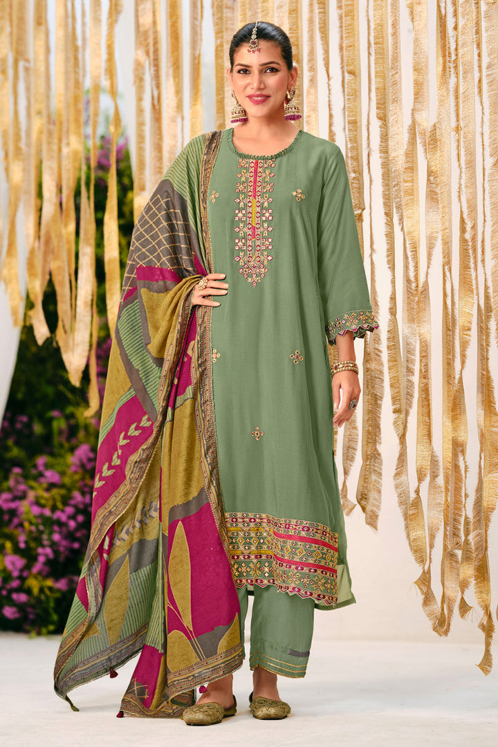 Premium Bemberg Muslin Checks Silk Embroidered Salwar Kameez With Digital Print Dupatta