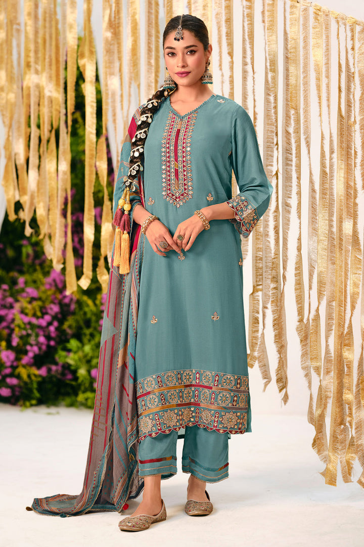 Premium Bemberg Muslin Silk Checks Casual Salwar Kameez With Digital Print Dupatta