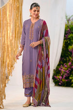 Load image into Gallery viewer, Premium Checks Silk Embroidered Straight Cut Salwar Suit With Printed Dupatta