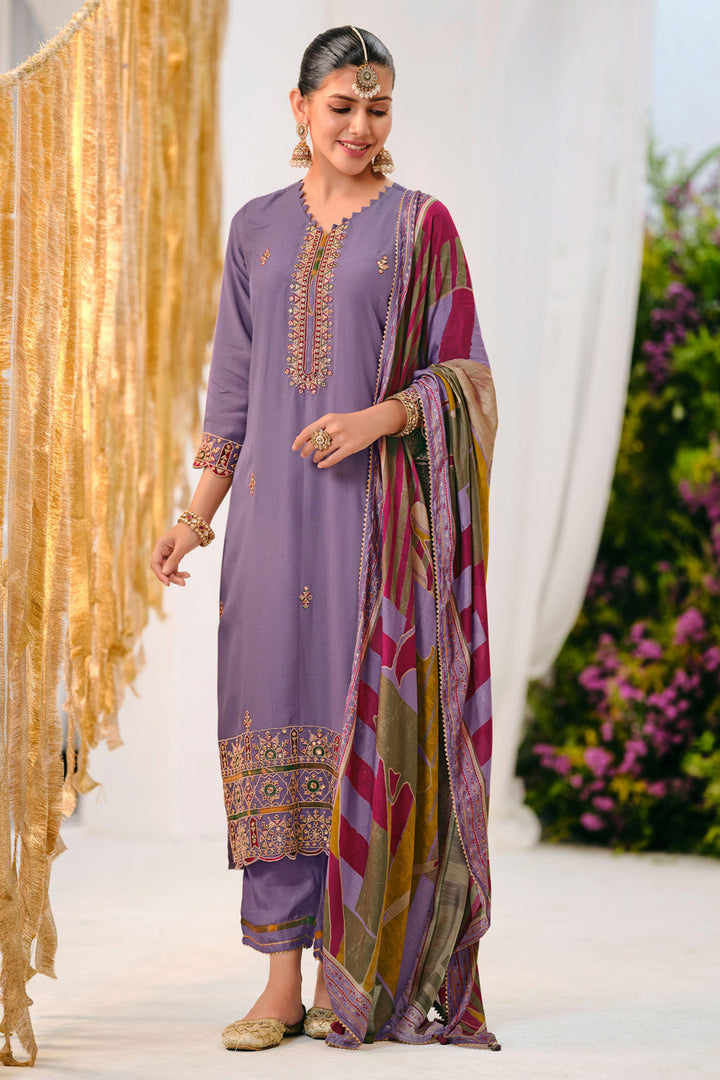 Premium Checks Silk Embroidered Straight Cut Salwar Suit With Printed Dupatta
