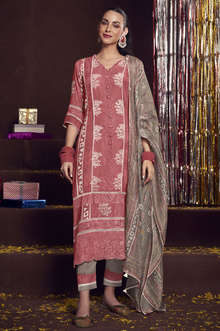 Pure Moga Silk Embroidery And Batik Print Party Wear Designer Long Straight Cut Salwar Kameez