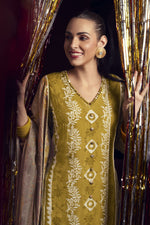 Load image into Gallery viewer, Green Pure Moga Silk Embroidery And Batik Print Designer Long Straight Cut Salwar Suit