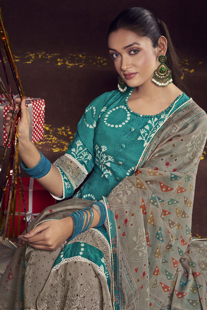 Cyan Pure Moga Silk Embroidery And Batik Print Designer Long Straight Cut Salwar Suit