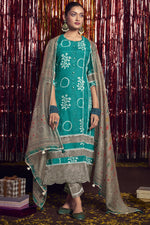 Load image into Gallery viewer, Cyan Pure Moga Silk Embroidery And Batik Print Designer Long Straight Cut Salwar Suit