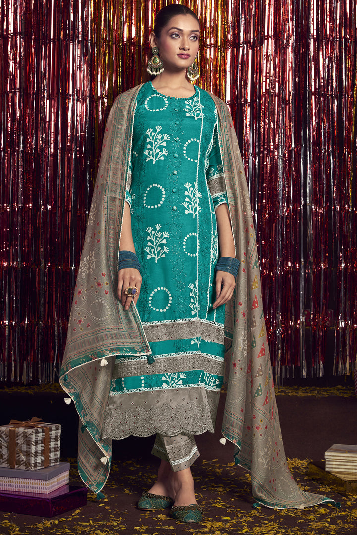 Cyan Pure Moga Silk Embroidery And Batik Print Designer Long Straight Cut Salwar Suit