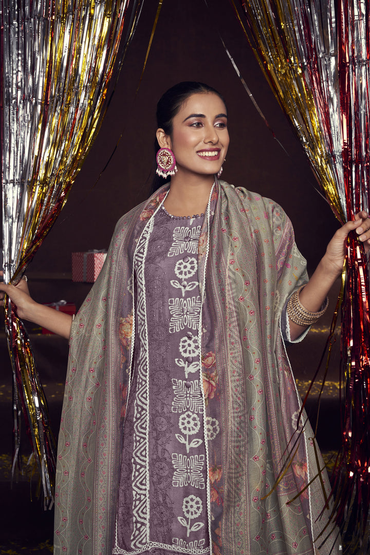 Pure Moga Silk Embroidery And Batik Print Designer Long Straight Cut Suit In Lavender Color