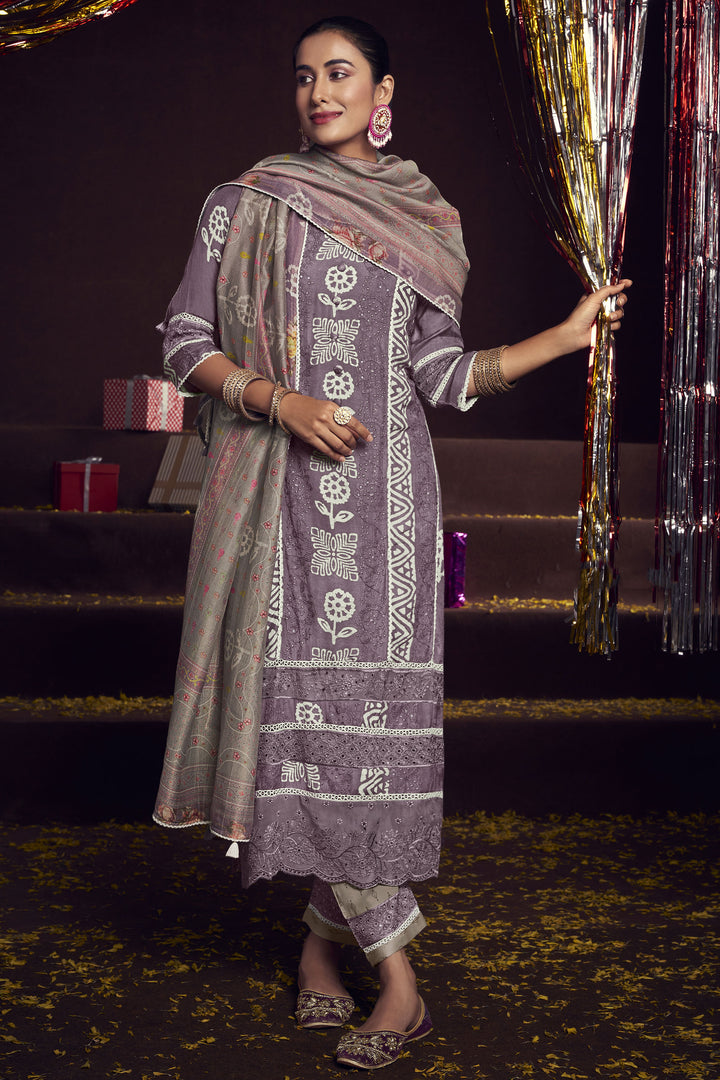 Pure Moga Silk Embroidery And Batik Print Designer Long Straight Cut Suit In Lavender Color