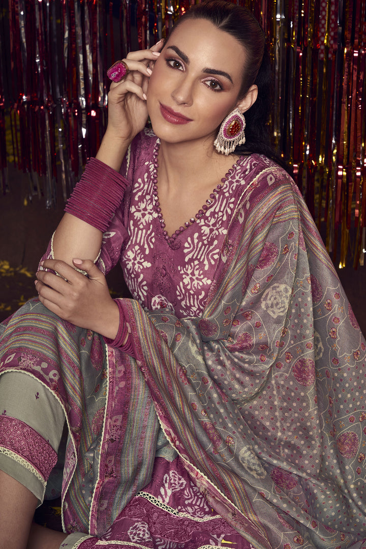 Magenta Pure Moga Silk Embroidery And Batik Print Designer Long Straight Cut Suit