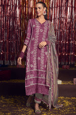 Load image into Gallery viewer, Magenta Pure Moga Silk Embroidery And Batik Print Designer Long Straight Cut Suit