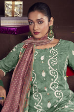 Load image into Gallery viewer, Sea Green Pure Moga Silk Embroidery And Batik Print Designer Long Straight Cut Suit