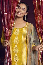 Load image into Gallery viewer, Yellow Pure Moga Silk Embroidery And Batik Print Designer Long Straight Cut Suit