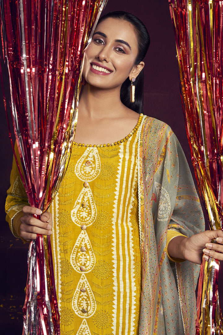 Yellow Pure Moga Silk Embroidery And Batik Print Designer Long Straight Cut Suit
