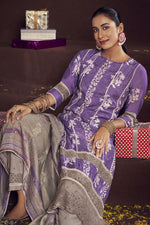 Load image into Gallery viewer, Pure Moga Silk Embroidery And Batik Print Designer Long Straight Cut Salwar Suit In Purple Color