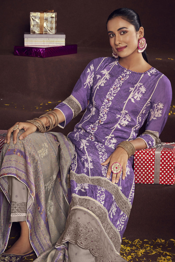 Pure Moga Silk Embroidery And Batik Print Designer Long Straight Cut Salwar Suit In Purple Color