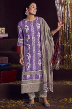 Load image into Gallery viewer, Pure Moga Silk Embroidery And Batik Print Designer Long Straight Cut Salwar Suit In Purple Color
