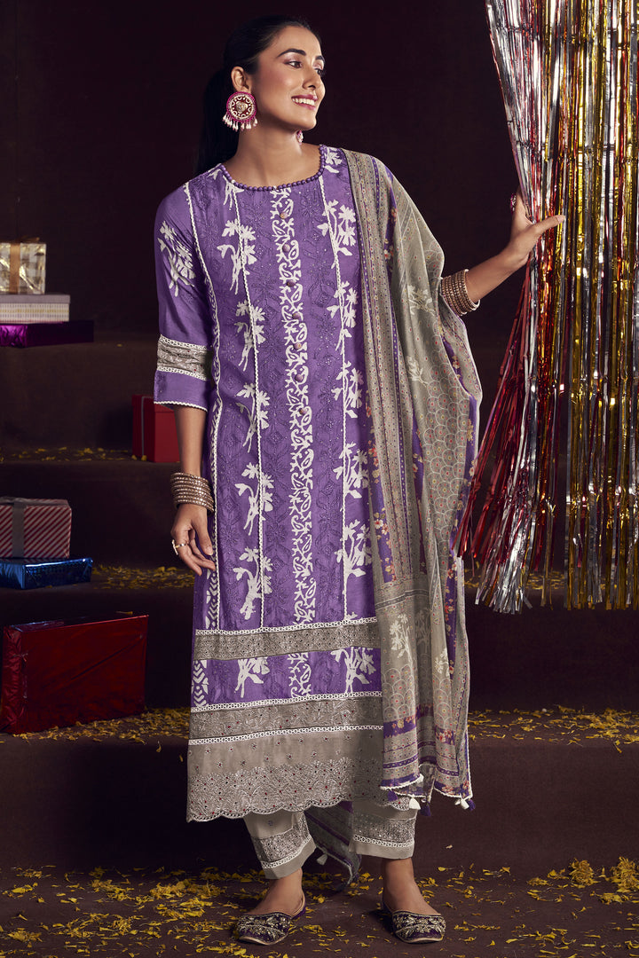 Pure Moga Silk Embroidery And Batik Print Designer Long Straight Cut Salwar Suit In Purple Color