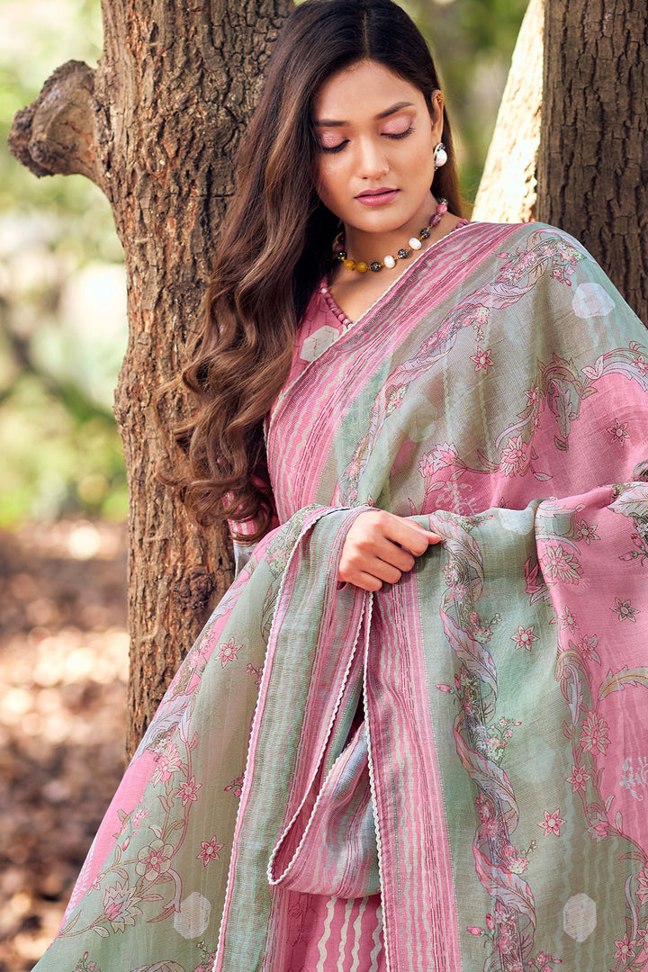 Pink Pure Muga Silk Embroidery And Batki Print Designer Salwar Suit