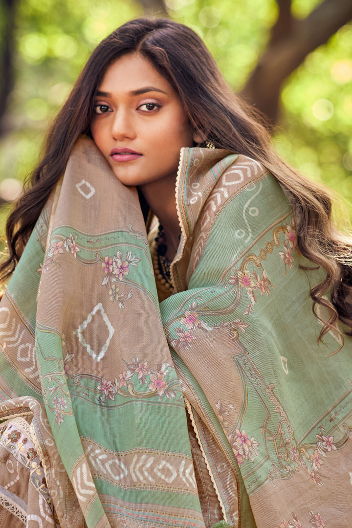 Beige Pure Muga Silk Embroidery And Batki Print Designer Salwar Suit