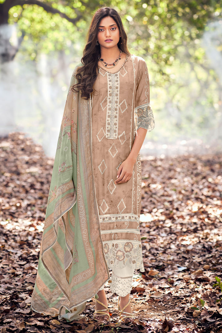 Beige Pure Muga Silk Embroidery And Batki Print Designer Salwar Suit
