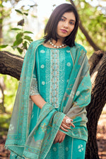 Load image into Gallery viewer, Cyan Pure Muga Silk Embroidery And Batki Print Designer Suit
